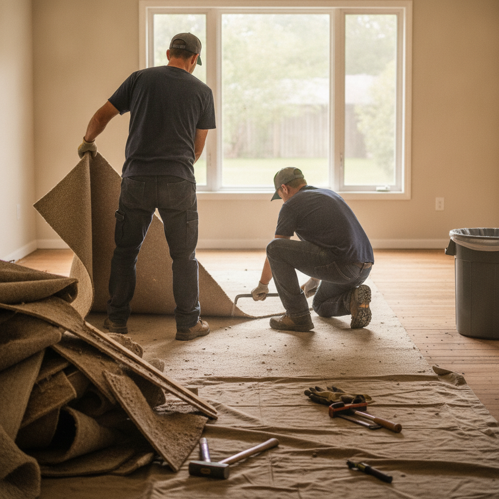 Create a realistic, professional service-business photograph showing Carpet Removal Service from behind, with the backs of their heads visible. Do not show any faces, facial features, front-facing views or side views, profiles, or identifia