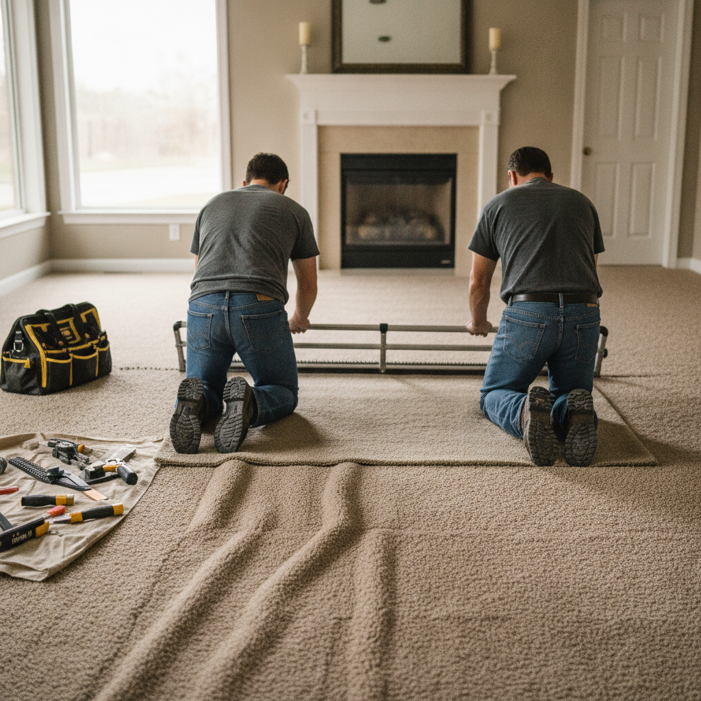 Create a realistic, professional service-business photograph showing Carpet Restretching from behind, with the backs of their heads visible. Do not show any faces, facial features, front-facing views or side views, profiles, or identifiable